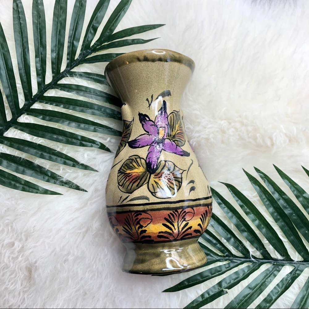 Hand painted terracotta floral vase from Mexico